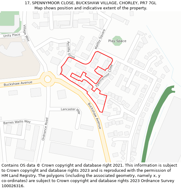 17, SPENNYMOOR CLOSE, BUCKSHAW VILLAGE, CHORLEY, PR7 7GL: Location map and indicative extent of plot