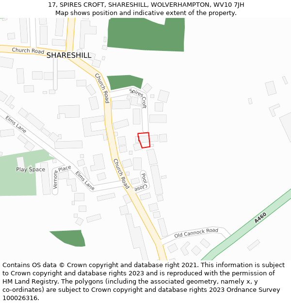 17, SPIRES CROFT, SHARESHILL, WOLVERHAMPTON, WV10 7JH: Location map and indicative extent of plot