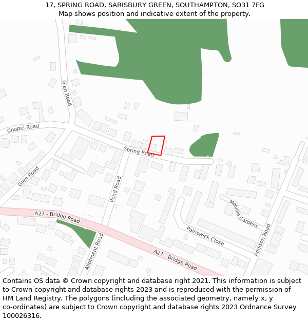 17, SPRING ROAD, SARISBURY GREEN, SOUTHAMPTON, SO31 7FG: Location map and indicative extent of plot