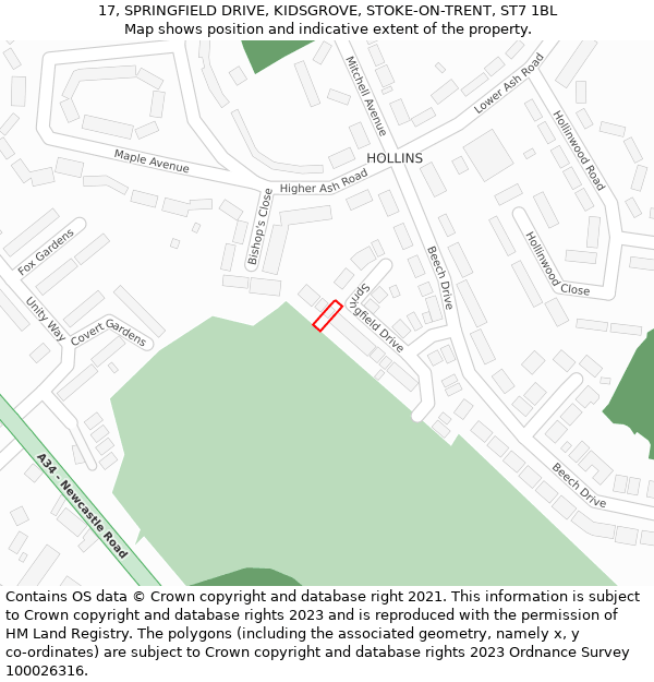 17, SPRINGFIELD DRIVE, KIDSGROVE, STOKE-ON-TRENT, ST7 1BL: Location map and indicative extent of plot