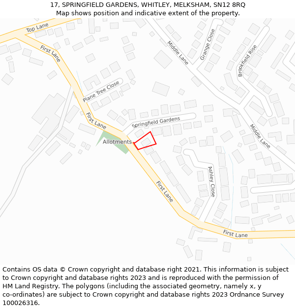 17, SPRINGFIELD GARDENS, WHITLEY, MELKSHAM, SN12 8RQ: Location map and indicative extent of plot