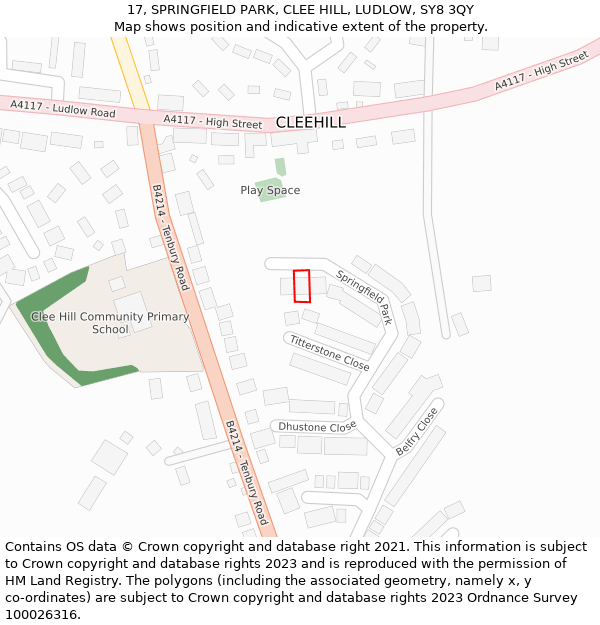 17, SPRINGFIELD PARK, CLEE HILL, LUDLOW, SY8 3QY: Location map and indicative extent of plot