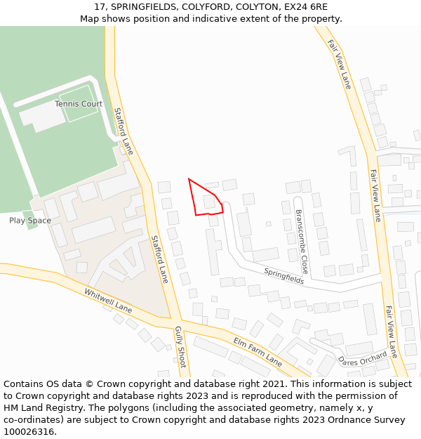 17, SPRINGFIELDS, COLYFORD, COLYTON, EX24 6RE: Location map and indicative extent of plot