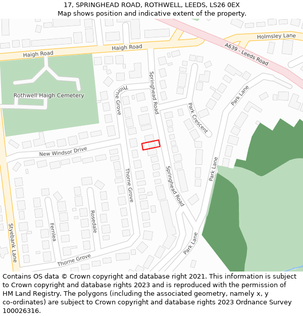 17, SPRINGHEAD ROAD, ROTHWELL, LEEDS, LS26 0EX: Location map and indicative extent of plot