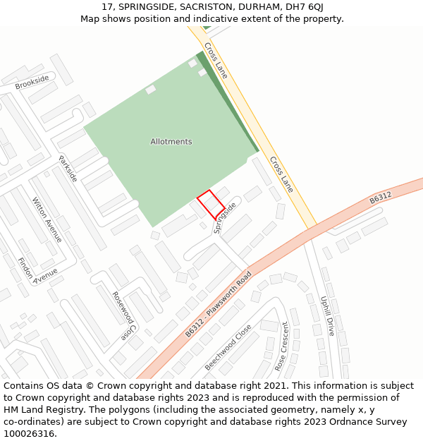 17, SPRINGSIDE, SACRISTON, DURHAM, DH7 6QJ: Location map and indicative extent of plot