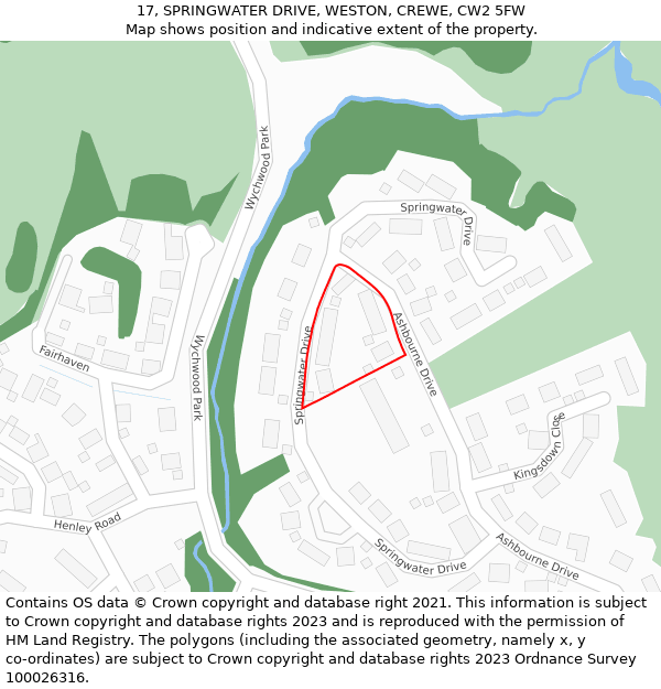 17, SPRINGWATER DRIVE, WESTON, CREWE, CW2 5FW: Location map and indicative extent of plot