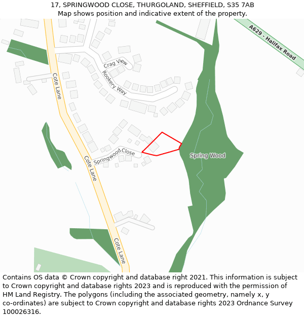 17, SPRINGWOOD CLOSE, THURGOLAND, SHEFFIELD, S35 7AB: Location map and indicative extent of plot