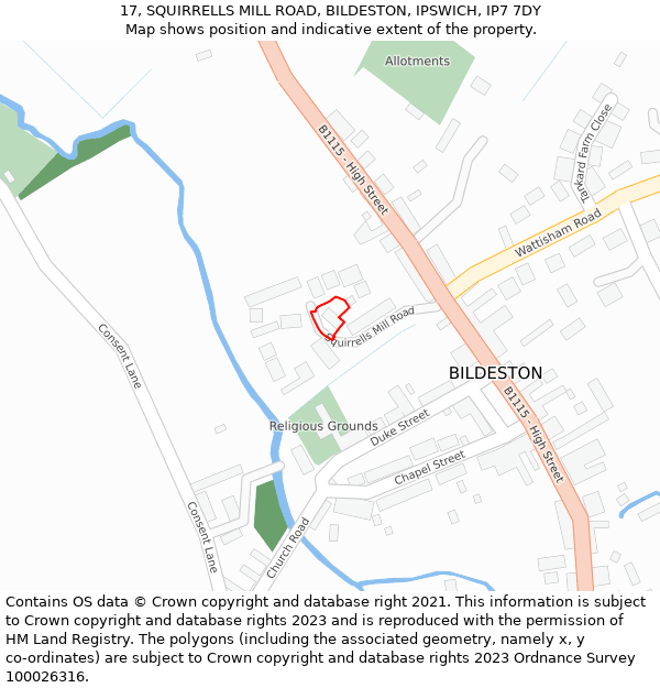 17, SQUIRRELLS MILL ROAD, BILDESTON, IPSWICH, IP7 7DY: Location map and indicative extent of plot