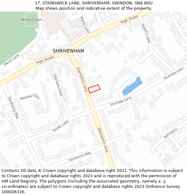 17, STAINSWICK LANE, SHRIVENHAM, SWINDON, SN6 8DU: Location map and indicative extent of plot