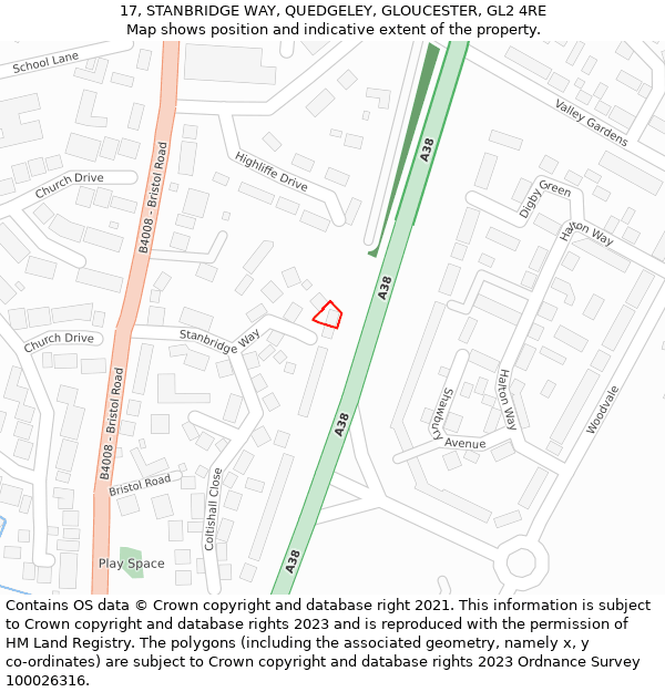 17, STANBRIDGE WAY, QUEDGELEY, GLOUCESTER, GL2 4RE: Location map and indicative extent of plot