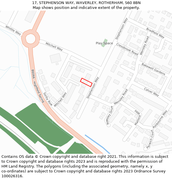 17, STEPHENSON WAY, WAVERLEY, ROTHERHAM, S60 8BN: Location map and indicative extent of plot