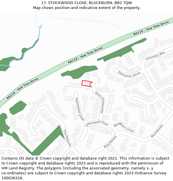 17, STOCKWOOD CLOSE, BLACKBURN, BB2 7QW: Location map and indicative extent of plot