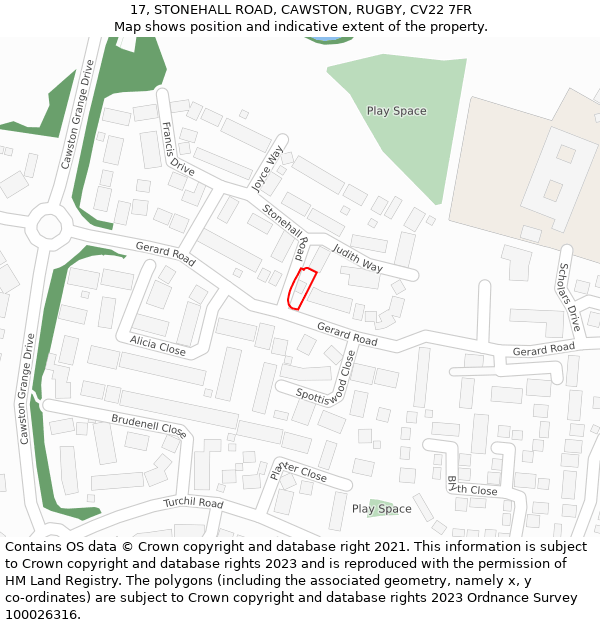 17, STONEHALL ROAD, CAWSTON, RUGBY, CV22 7FR: Location map and indicative extent of plot