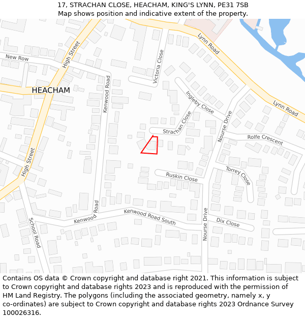 17, STRACHAN CLOSE, HEACHAM, KING'S LYNN, PE31 7SB: Location map and indicative extent of plot