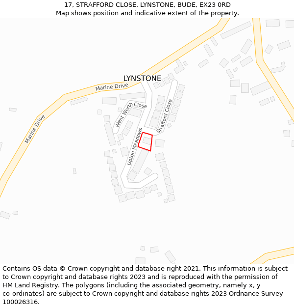 17, STRAFFORD CLOSE, LYNSTONE, BUDE, EX23 0RD: Location map and indicative extent of plot