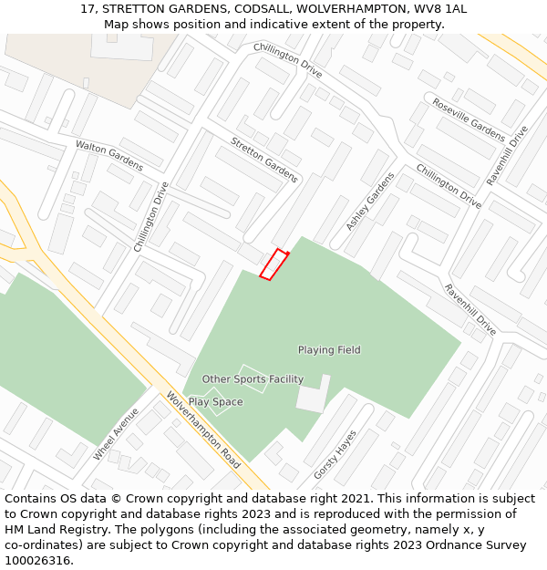 17, STRETTON GARDENS, CODSALL, WOLVERHAMPTON, WV8 1AL: Location map and indicative extent of plot