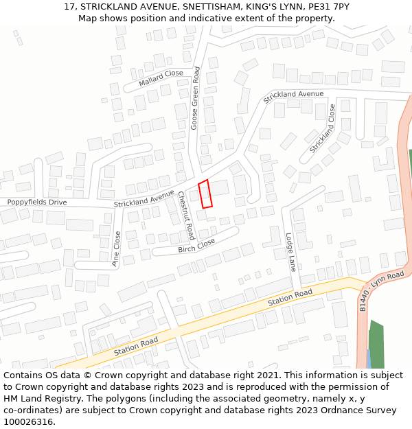 17, STRICKLAND AVENUE, SNETTISHAM, KING'S LYNN, PE31 7PY: Location map and indicative extent of plot