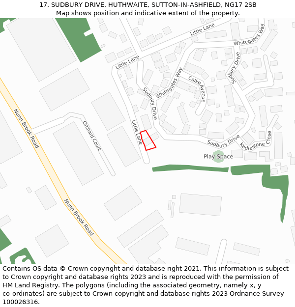 17, SUDBURY DRIVE, HUTHWAITE, SUTTON-IN-ASHFIELD, NG17 2SB: Location map and indicative extent of plot