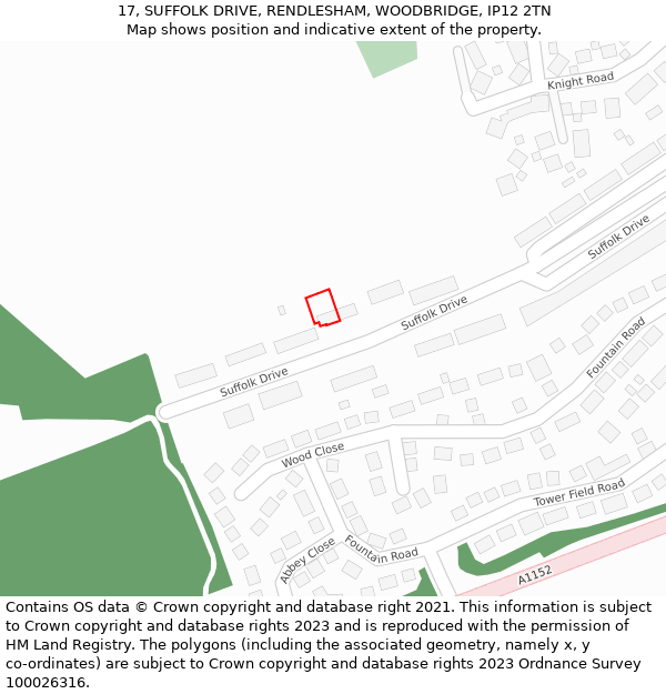 17, SUFFOLK DRIVE, RENDLESHAM, WOODBRIDGE, IP12 2TN: Location map and indicative extent of plot