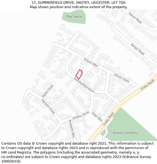 17, SUMMERFIELD DRIVE, ANSTEY, LEICESTER, LE7 7QA: Location map and indicative extent of plot