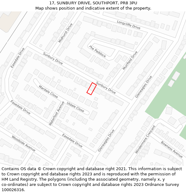 17, SUNBURY DRIVE, SOUTHPORT, PR8 3PU: Location map and indicative extent of plot