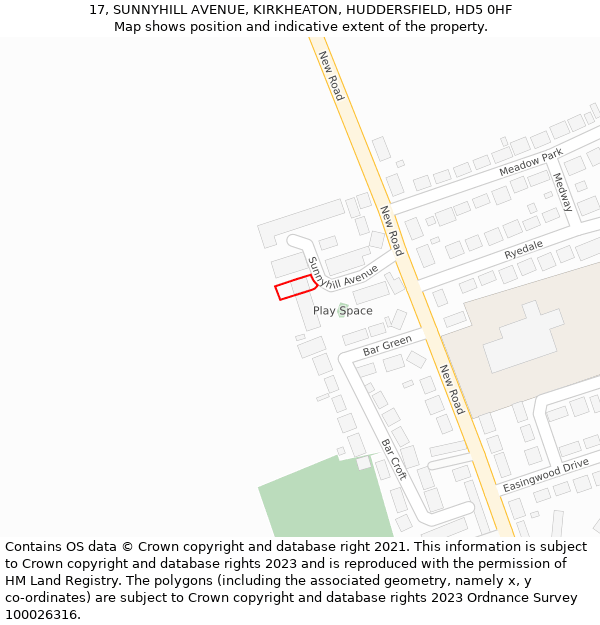 17, SUNNYHILL AVENUE, KIRKHEATON, HUDDERSFIELD, HD5 0HF: Location map and indicative extent of plot