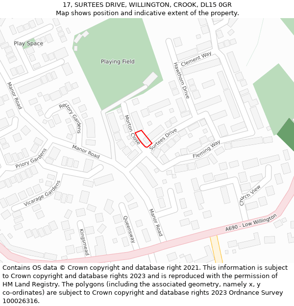 17, SURTEES DRIVE, WILLINGTON, CROOK, DL15 0GR: Location map and indicative extent of plot