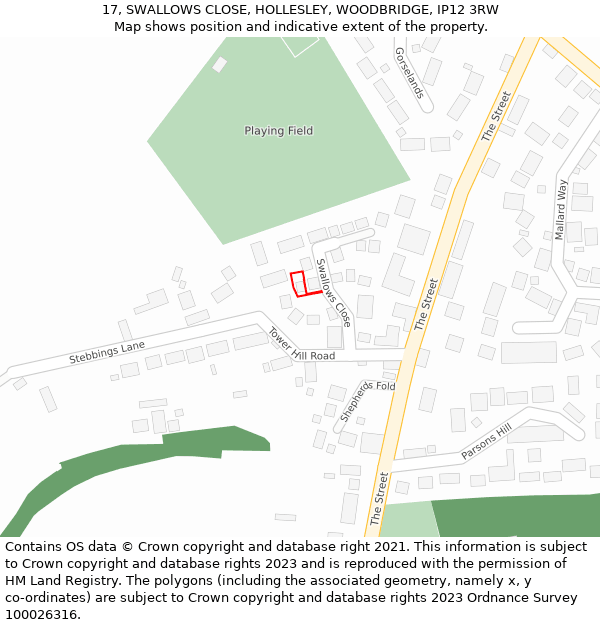 17, SWALLOWS CLOSE, HOLLESLEY, WOODBRIDGE, IP12 3RW: Location map and indicative extent of plot