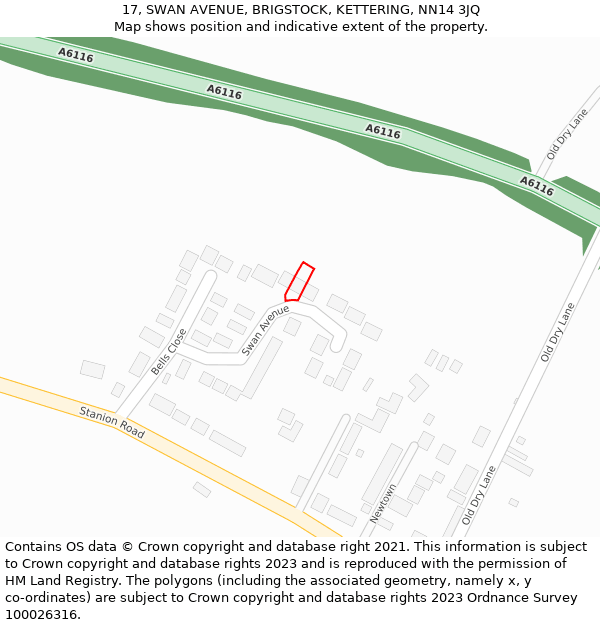 17, SWAN AVENUE, BRIGSTOCK, KETTERING, NN14 3JQ: Location map and indicative extent of plot