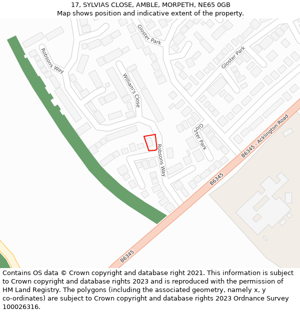 17, SYLVIAS CLOSE, AMBLE, MORPETH, NE65 0GB: Location map and indicative extent of plot