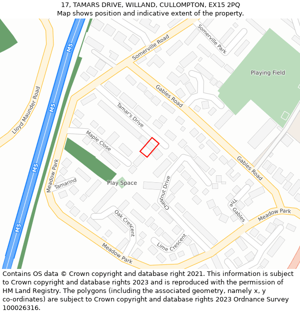 17, TAMARS DRIVE, WILLAND, CULLOMPTON, EX15 2PQ: Location map and indicative extent of plot