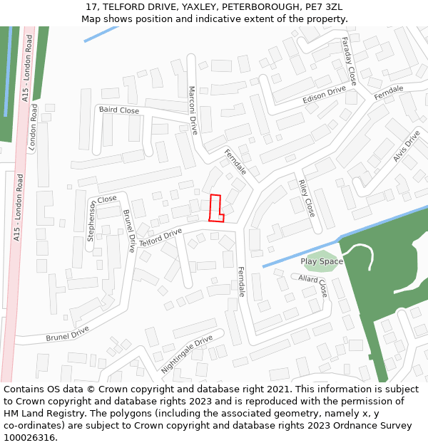 17, TELFORD DRIVE, YAXLEY, PETERBOROUGH, PE7 3ZL: Location map and indicative extent of plot