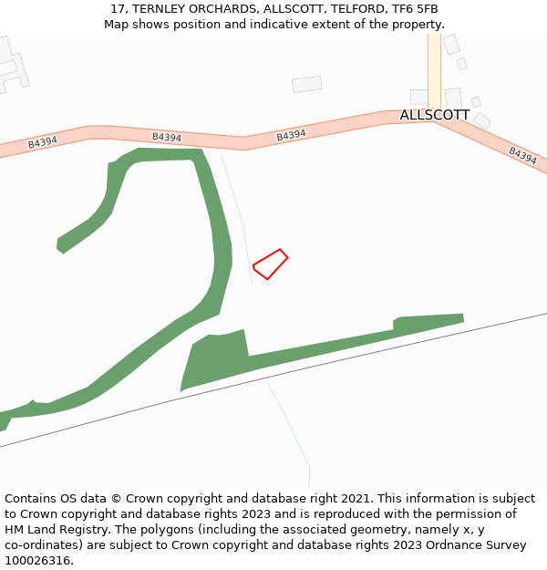 17, TERNLEY ORCHARDS, ALLSCOTT, TELFORD, TF6 5FB: Location map and indicative extent of plot