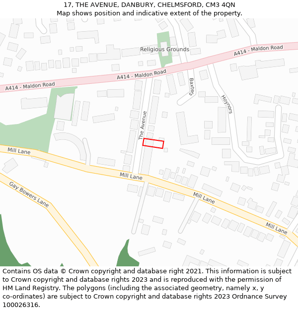 17, THE AVENUE, DANBURY, CHELMSFORD, CM3 4QN: Location map and indicative extent of plot