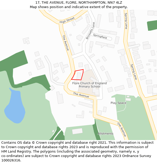 17, THE AVENUE, FLORE, NORTHAMPTON, NN7 4LZ: Location map and indicative extent of plot