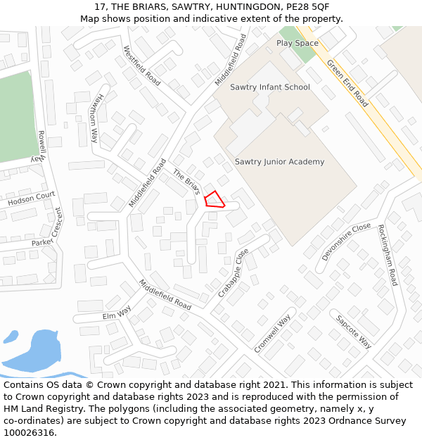 17, THE BRIARS, SAWTRY, HUNTINGDON, PE28 5QF: Location map and indicative extent of plot