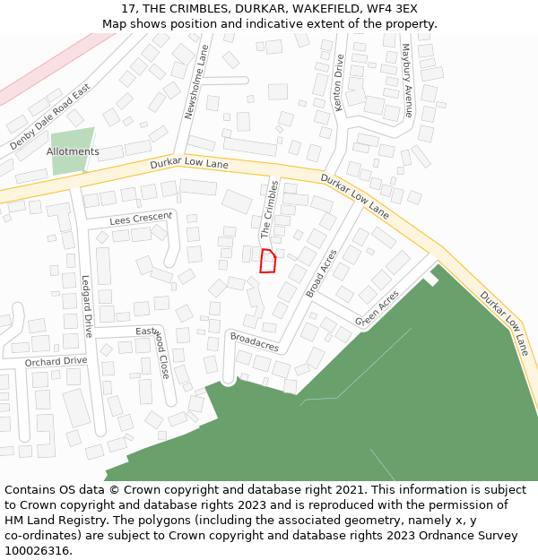 17, THE CRIMBLES, DURKAR, WAKEFIELD, WF4 3EX: Location map and indicative extent of plot