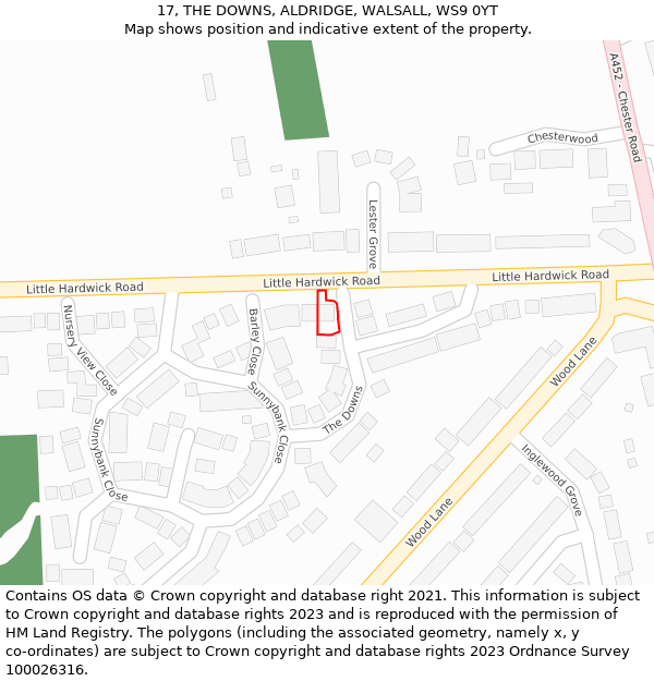 17, THE DOWNS, ALDRIDGE, WALSALL, WS9 0YT: Location map and indicative extent of plot