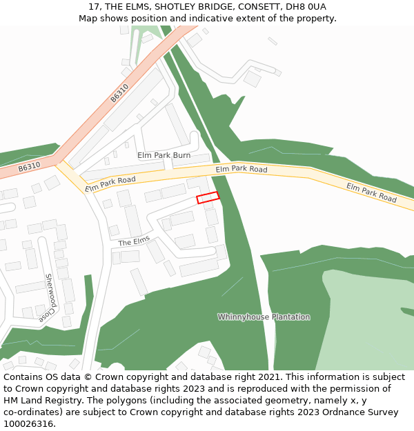 17, THE ELMS, SHOTLEY BRIDGE, CONSETT, DH8 0UA: Location map and indicative extent of plot