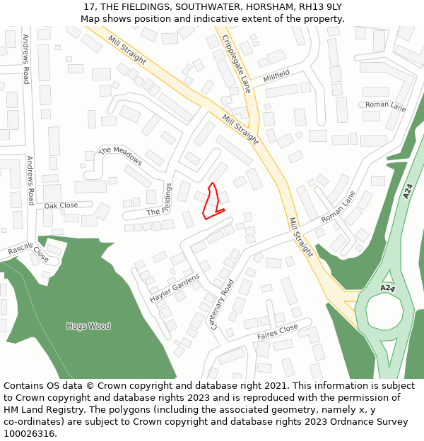 17, THE FIELDINGS, SOUTHWATER, HORSHAM, RH13 9LY: Location map and indicative extent of plot