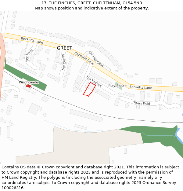 17, THE FINCHES, GREET, CHELTENHAM, GL54 5NR: Location map and indicative extent of plot