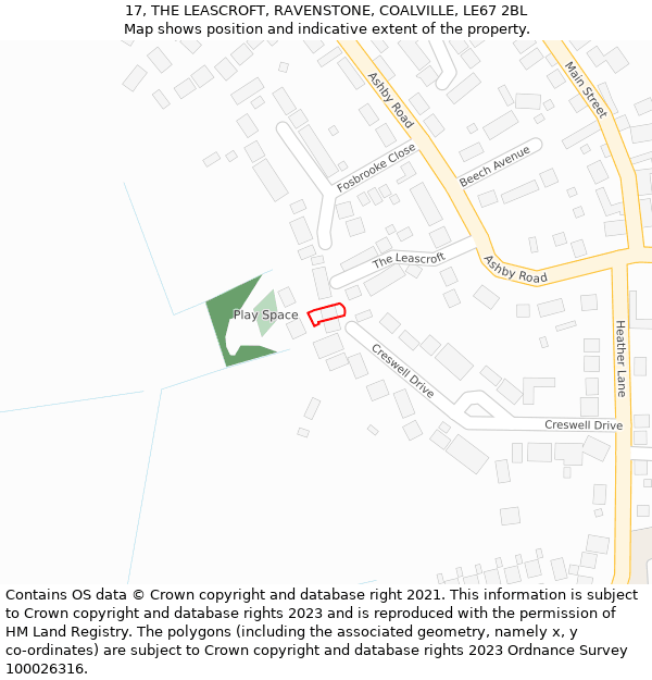 17, THE LEASCROFT, RAVENSTONE, COALVILLE, LE67 2BL: Location map and indicative extent of plot