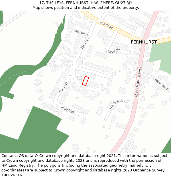 17, THE LEYS, FERNHURST, HASLEMERE, GU27 3JY: Location map and indicative extent of plot