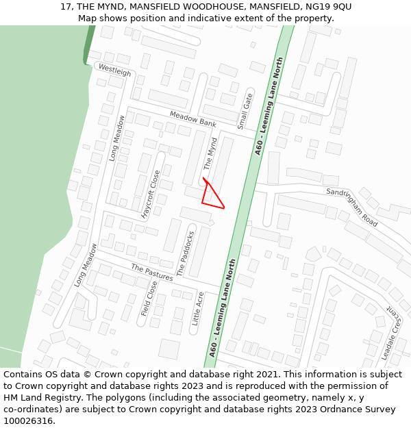 17, THE MYND, MANSFIELD WOODHOUSE, MANSFIELD, NG19 9QU: Location map and indicative extent of plot