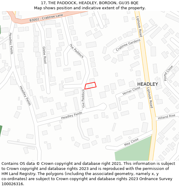 17, THE PADDOCK, HEADLEY, BORDON, GU35 8QE: Location map and indicative extent of plot