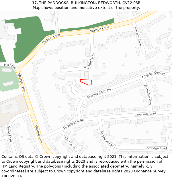 17, THE PADDOCKS, BULKINGTON, BEDWORTH, CV12 9SR: Location map and indicative extent of plot