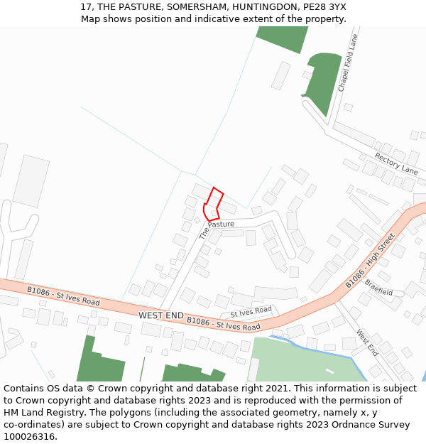 17, THE PASTURE, SOMERSHAM, HUNTINGDON, PE28 3YX: Location map and indicative extent of plot