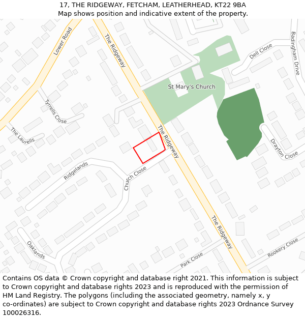 17, THE RIDGEWAY, FETCHAM, LEATHERHEAD, KT22 9BA: Location map and indicative extent of plot