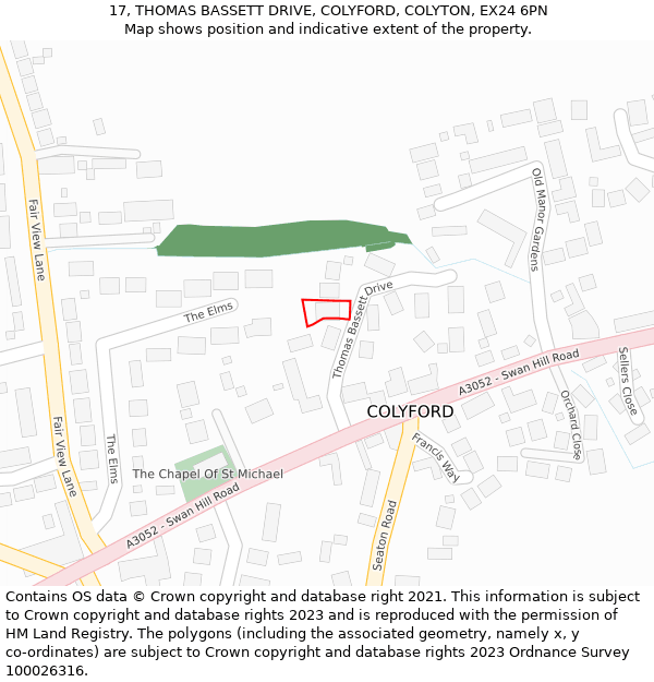 17, THOMAS BASSETT DRIVE, COLYFORD, COLYTON, EX24 6PN: Location map and indicative extent of plot