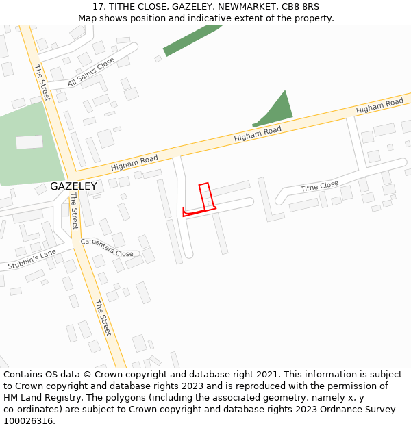 17, TITHE CLOSE, GAZELEY, NEWMARKET, CB8 8RS: Location map and indicative extent of plot